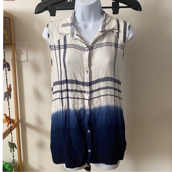 Fort Knox Ombré Sleeveless Plaid Button-Up Boho Tunic Shirt Top Blue and White M - Picture 1 of 8
